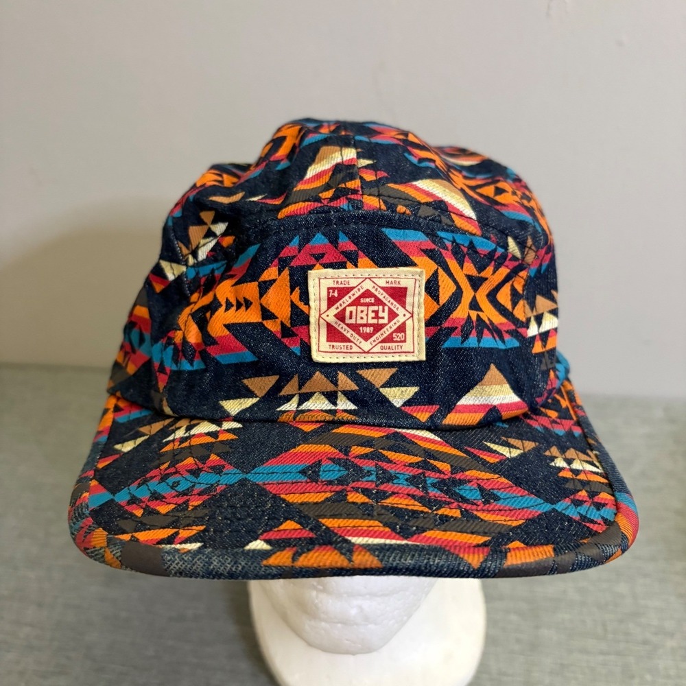 Obey 5 Panel Hat Mens OSFA Multicolor Southwestern Geometric Leather Strapback